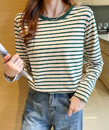 실사 이후 패키지 칼라 순면 티셔츠 여성 의류 긴팔 스트라이프 봄 가을 2026 년 새로운 루즈핏 기본 셔츠