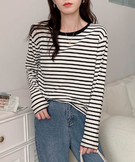 실사 이후 패키지 칼라 순면 티셔츠 여성 의류 긴팔 스트라이프 봄 가을 2026 년 새로운 루즈핏 기본 셔츠