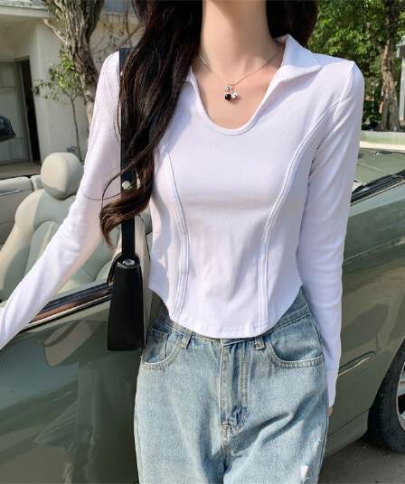 실사 260 그램 모달 리브 긴팔 티셔츠 여성 의류 맨위 봄 가을 POLO 칼라 쇼트 스타일 기본 셔츠
