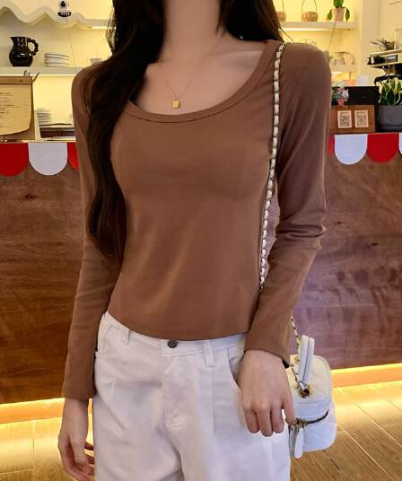 실사 210 그램 순면 리브 u 칼라 긴팔 티셔츠 여성 짧은 광장 칼라 기본 셔츠 라이트 보드 공란 에디션