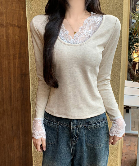 실사 280 그램 양 플러시 레이스 레이스 패치워크 기본 셔츠 여성 가을 겨울 긴팔 티셔츠 털이 있는 De 플러시