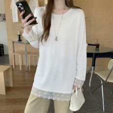 批发实拍 280克螺纹德绒蕾丝<b class='q'>打底衫</b>女春秋冬长袖T恤中长款<b class='q'>加绒</b>