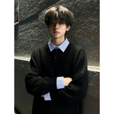 批发官图薄款潮牌男女情侣卫衣春秋新款拼接假两件纯色<b class='q'>衬衫</b>领上衣