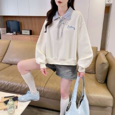 批发实拍2026秋季新款韩版宽松春秋款<b class='q'>假两件</b>系带格子长袖卫衣女