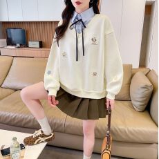 批发实拍韩版宽松春秋款绣花拼接插色衬衫华棉上衣<b class='q'>卫衣</b>女