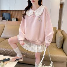 批发实拍韩版宽松春秋款绣花拼接插色装饰领华棉上衣<b class='q'>卫衣</b>女