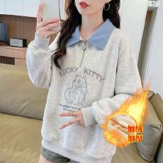 批发实拍加绒加厚秋冬新款卫衣女polo领时尚可爱减龄<b class='q'>百搭</b>上衣服