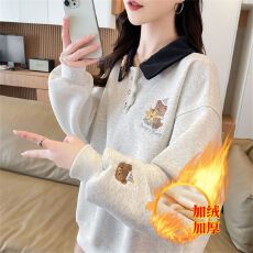 批发实拍加绒卫衣女秋冬新款<b class='q'>可爱</b>小熊polo领撞色花朵少女ins上衣