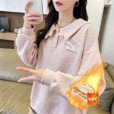 批发实拍加绒卫衣女秋冬新款<b class='q'>可爱</b>小猫polo领时尚纯色少女ins上衣