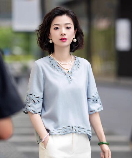 산소 소녀 아마 블루 좋은 주간 실크 품격 무거운 작업 홀로우 아웃 자수 티셔츠 여성