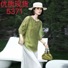 批发欧洲站2026春夏韩版宽松圆领中袖上衣女套头休闲慵懒风新中式衬衫