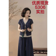 批发实拍女装原创品牌旗舰店端庄大气七分袖上衣＋松紧阔腿裤<b class='q'>套装</b>夏季