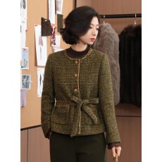 批发秋天童话羊毛混纺小香风粗花呢腰带收腰外套女