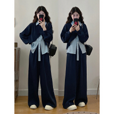 批发实拍~大码女装新款假两件上衣阔腿裤高级感时尚套装两件套