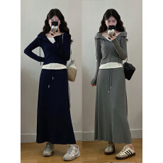 批发实拍~大码女装秋季新款休闲风慵懒风时尚连帽半身裙套装