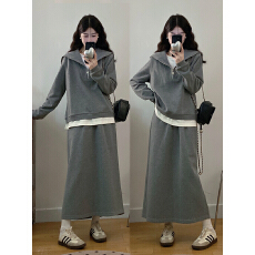 批发实拍~大码女装秋季新款假两件卫衣半身裙长款两件套裙装