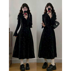 批发实拍~大码女装法式黑色碎花丝绒<b class='q'>连衣裙</b>高级感假两件气质内搭长裙