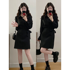 批发实拍~大码女装2026春季新款Polo领绑带拼接假两件<b class='q'>显瘦</b>收腰连衣裙