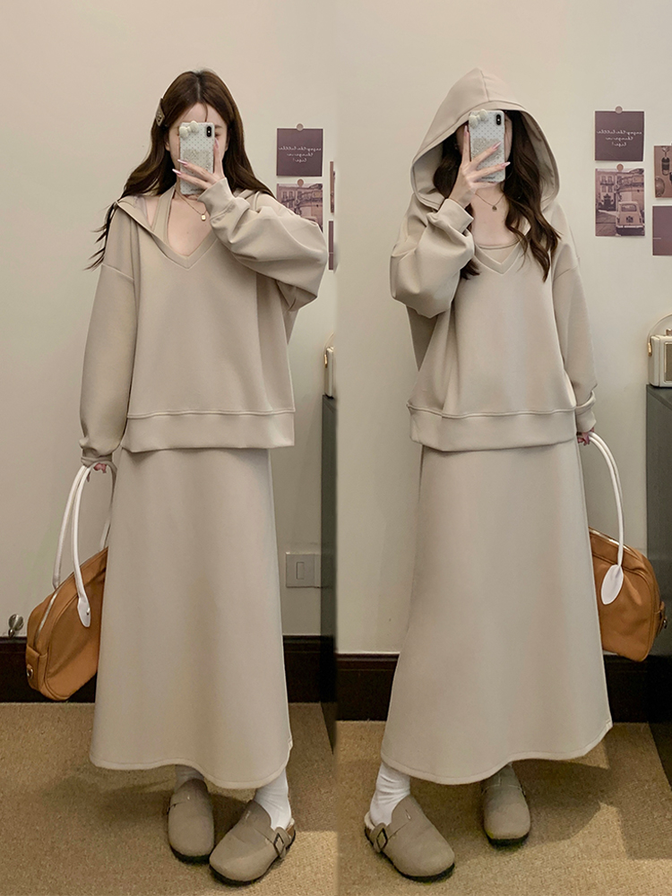실사 빅 사이즈 여성 의류 2026 봄 새로운 한 부서 품격 후드 티 스웨터 슬림해 보이는 슬립 드레스 투피스 세트