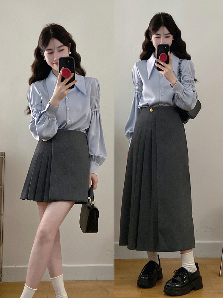 실사 빅 사이즈 여성 의류 2026 봄 새로운 한 부서 미니멀리즘 품격 다용도 셔츠 하이웨이스트 반신 치마 세트