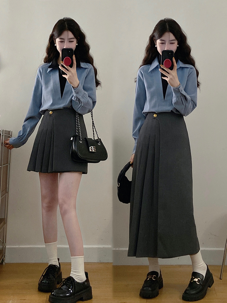 실사 빅 사이즈 여성 의류 2026 봄 새로운 패션 페이크 레이어드 셔츠 정장 플리츠 반신 스커트 투피스 세트