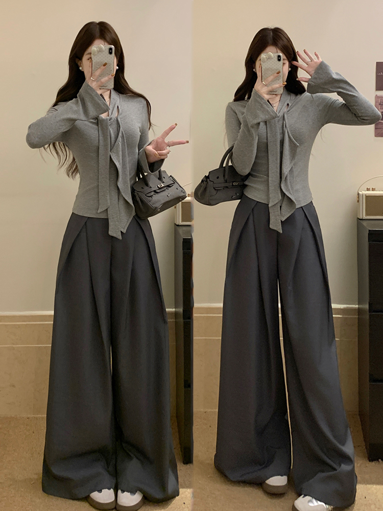 실사 빅 사이즈 여성 의류 2026 봄 새로운 한 부서 순수한 욕망 V넥 맨위 도루 센스 슬림해 보이는 정장 와이드 레그 팬츠