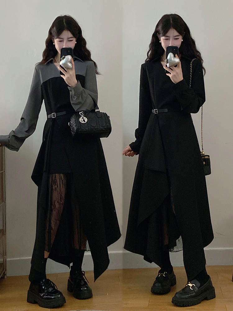 실사 빅 사이즈 여성 의류 2026 봄 새로운 지방 mm 프랑스식 V넥 페이크 레이어드 패치워크 레이스 긴팔 드레스