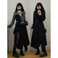 批发实拍~大码女装2026春季新款胖mm法式V领假两件拼接蕾丝长袖连衣裙