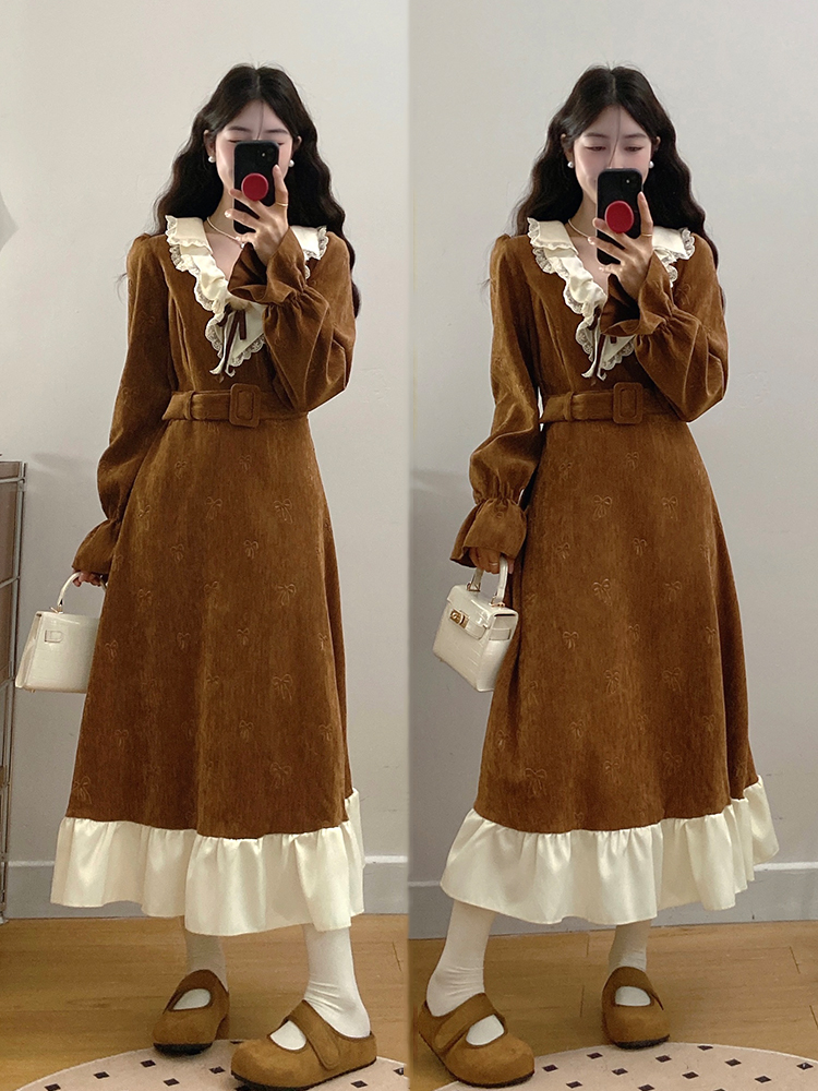 실사 빅 사이즈 여성 의류 2026 봄 새로운 레트로 셰닐 디자인 센스 V넥 패션 슬림해 보이는 드레스