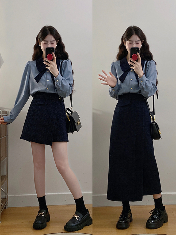 실사 빅 사이즈 여성 의류 2026 봄 새로운 한 부서 출퇴근 셔츠 하이웨이스트 불규칙 반신 스커트 투피스 세트