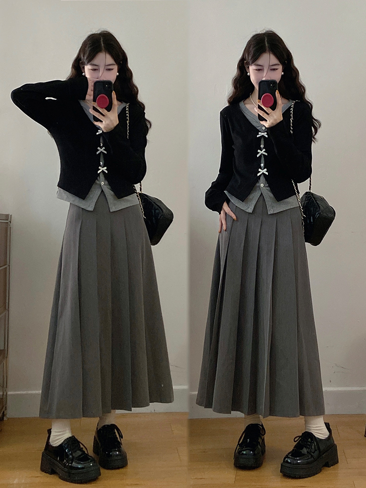 실사 빅 사이즈 여성 의류 2026 봄 새로운 나비 매듭 디자인 센스 슬림해 보이는 맨위 플리츠 스커트 투피스 세트