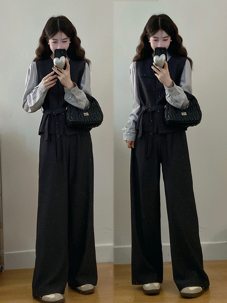 실사 빅 사이즈 여성 의류 2026 봄 새로운 한국 스타일 고급 센스 베스트 셔츠 와이드 레그 팬츠 3종 세트