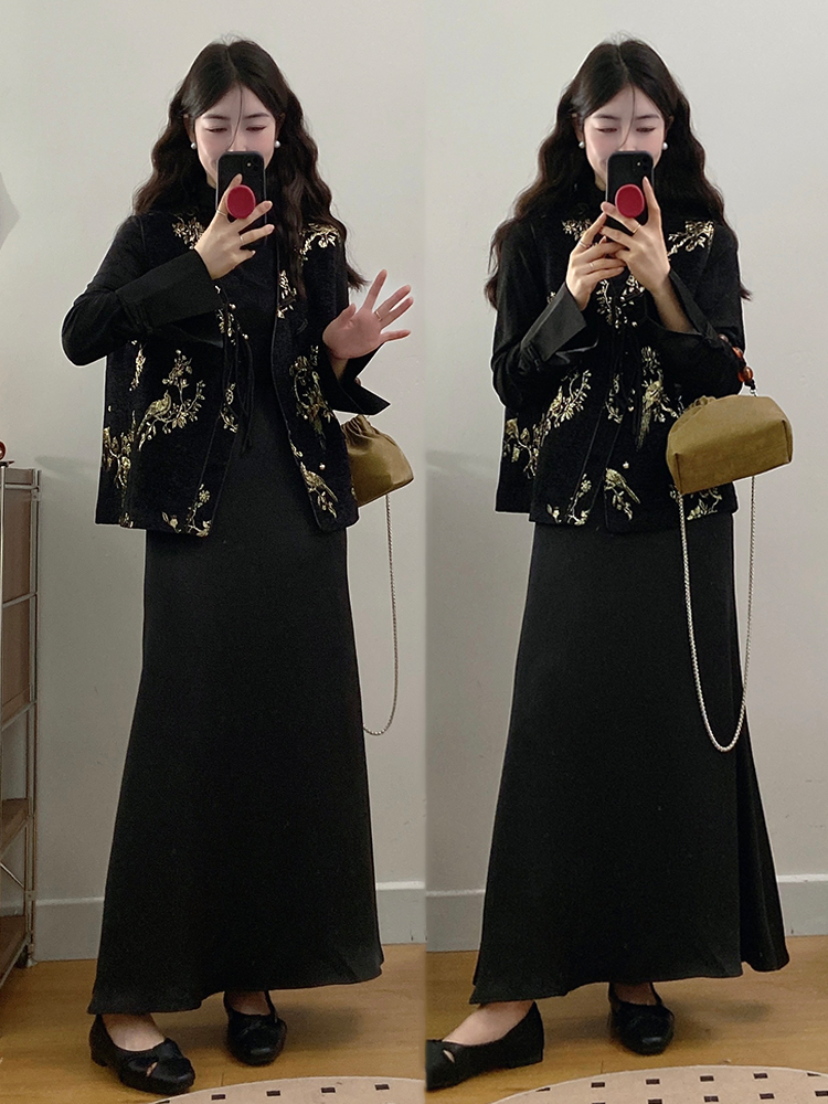 실사 빅 사이즈 여성 의류 2026 봄 새로운 새로운 중식 국풍 베스트 하이웨이스트 슬림해 보이는 반신 스커트 3종 세트