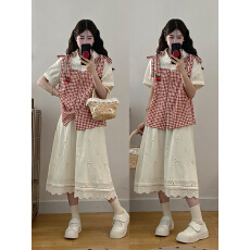 批发实拍~大码女装2026夏季新款元气少女樱桃红格假两件半身裙两件套