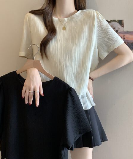 실사 빅 사이즈 여성 의류 2026 여름 새로운 작은 샤넬 스타일 표지 배 페이크 레이어드 긍정적 인 어깨 반팔 쉬폰 톱
