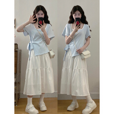 批发实拍~<b class='q'>大码</b>女装2026夏季新款侧面绑带方领显瘦遮肉T恤半身裙套装