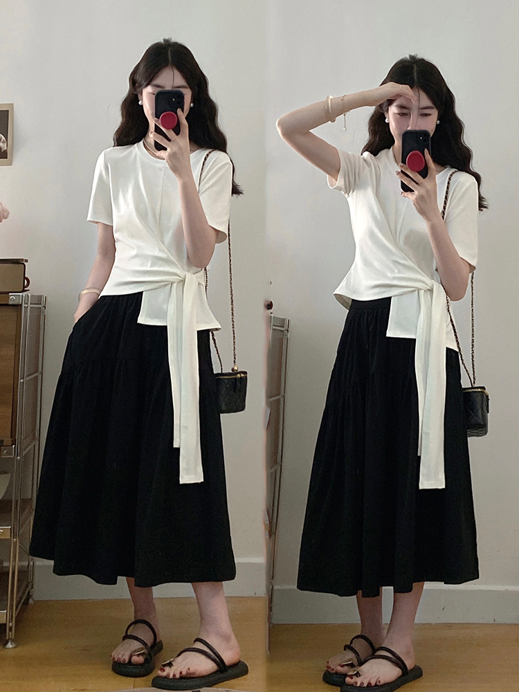 실사 빅 사이즈 여성 의류 2026 여름 새로운 한국 스타일 불규칙 허리 수축 맨위 검정색 반신 스커트 투피스 세트