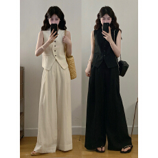 批发实拍~<b class='q'>大码</b>女装2026夏季新款老钱风V领马甲上衣阔腿裤显瘦两件套