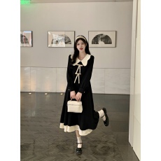 批发实拍~大码女装2026秋季新款显瘦温柔风黑色<b class='q'>娃娃</b>领长袖<b class='q'>连衣裙</b>