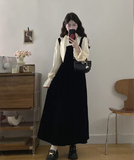 실사 빅 사이즈 여성 의류 2026 가을 새로운 마이크로 지방 mm 천 골드 센스 패치워크 벨벳 작은 검은 드레스 빅 사이즈 드레스