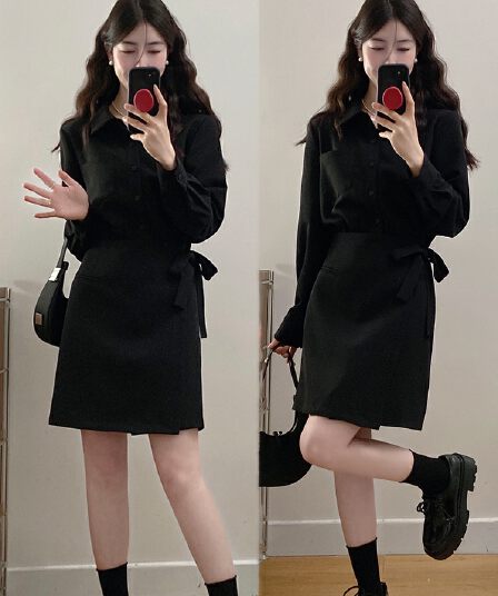 실사 빅 사이즈 여성 의류 2026 가을 새로운 지방 mm 표지 고기 슬림해 보이는 페이크 레이어드 셔츠 드레스