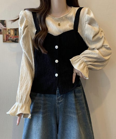 실사 빅 사이즈 여성 의류 표지 배 페이크 레이어드 Chic 셔츠 가을 지방 mm 슬림해 보이는 거품 소매 허리 수축