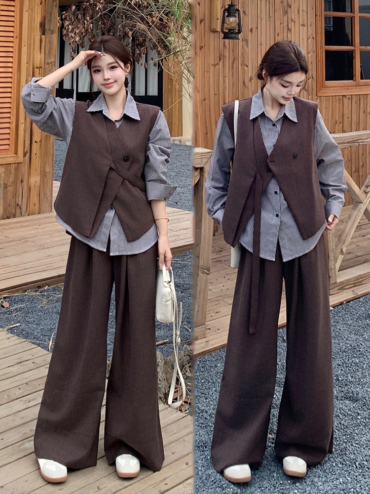 BY34816# 大码女装新款复古老钱风不规则马甲条纹衬衫阔腿裤三件套 服裝批發女裝批發服飾貨源
