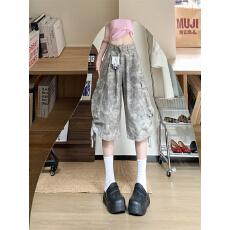 批发实拍实价~迷彩工装<b class='q'>牛仔</b><b class='q'>短裤</b>女多口袋宽松显瘦直筒阔腿裤五分裤子