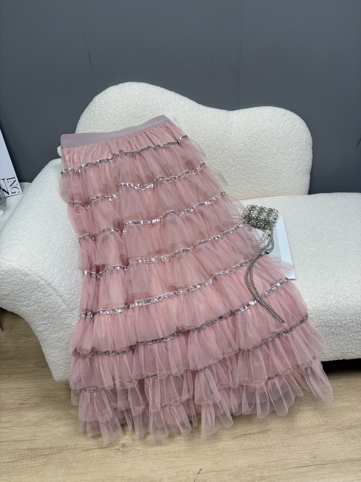 MY15487# 新款韩版ins设计感亮片荷叶边蛋糕裙绝美纱裙半身裙女裝貨源服裝批發