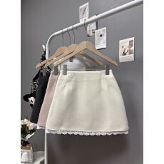 批发实拍 秋冬新2025<b class='q'>韩版</b>甜美减龄花边拼接毛呢半身裙温柔风a字短裙子