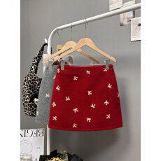 批发实拍 秋冬新款2026新年圣诞重工蝴蝶结刺绣毛呢半身裙甜妹a字短裙