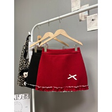 批发实拍 秋冬新款红色圣诞氛围感穿搭半身裙韩系少女蕾丝木耳边短裙