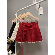 批发实拍 秋冬新款圣诞新年氛围感波点毛呢半身裙甜妹系带百褶a字<b class='q'>短裙</b>