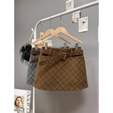 批发实拍 秋<b class='q'>冬</b>新款韩版百搭显瘦毛呢格子半身裙时尚复古柳丁腰带短裙